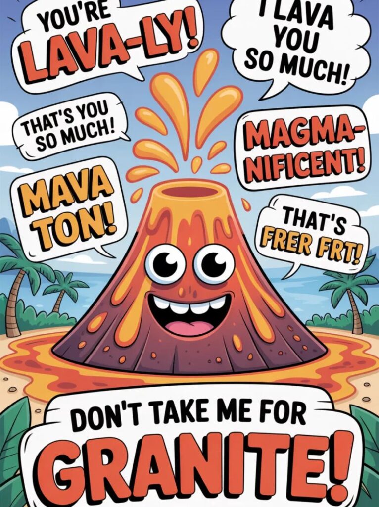 A smiling cartoon volcano erupting gently with lava, representing funny and playful volcano puns.