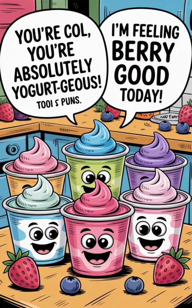 A playful image featuring funny yogurt puns with cartoon yogurt cups, spoons, and smiling faces sharing lighthearted, creamy, and snack-themed humor.