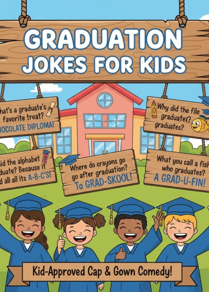 "Cartoon-style image of children in graduation caps and gowns laughing and enjoying funny, kid-friendly graduation jokes."