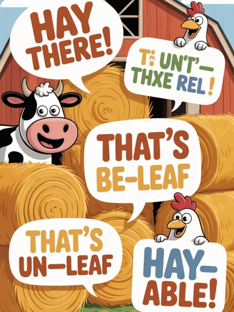 A cartoon haystack surrounded by laughing emojis and social media icons, representing funny hay puns and jokes shared on Reddit and other platforms.