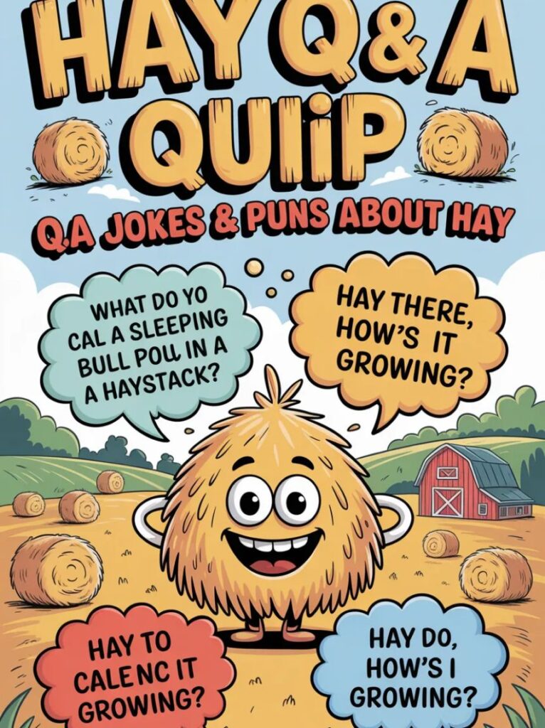 A cheerful farmer answering funny questions while standing next to a haystack, representing Q&A jokes and playful puns about hay.