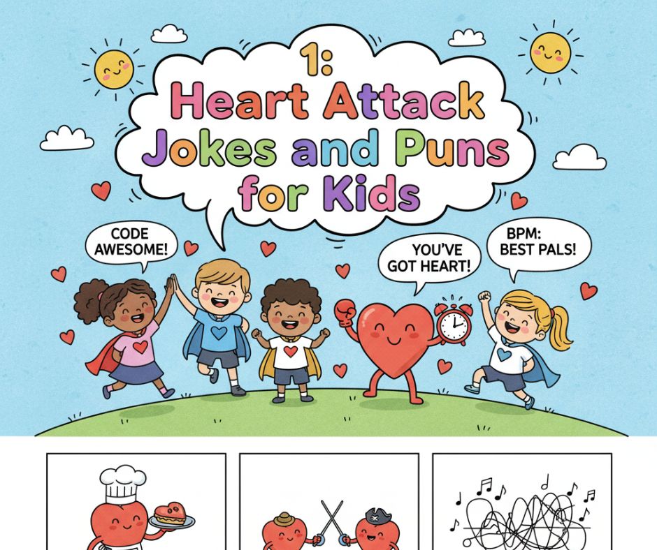 A collection of kid-friendly heart attack-themed jokes and puns, featuring playful humor, clever wordplay, and lighthearted laughs suitable for children