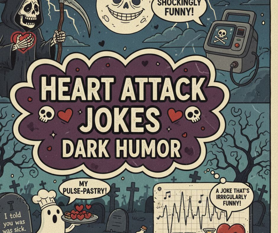 A collection of dark humor heart attack-themed jokes, featuring edgy, witty wordplay and playful yet morbid laughs for a mature audience.