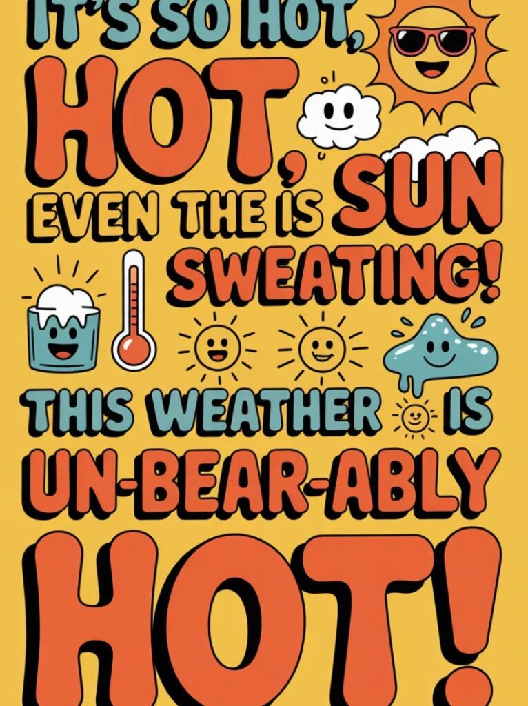 Alt Text:
A smiling sun surrounded by clouds and thermometers, representing clever heat puns used for weather-related jokes and humor.