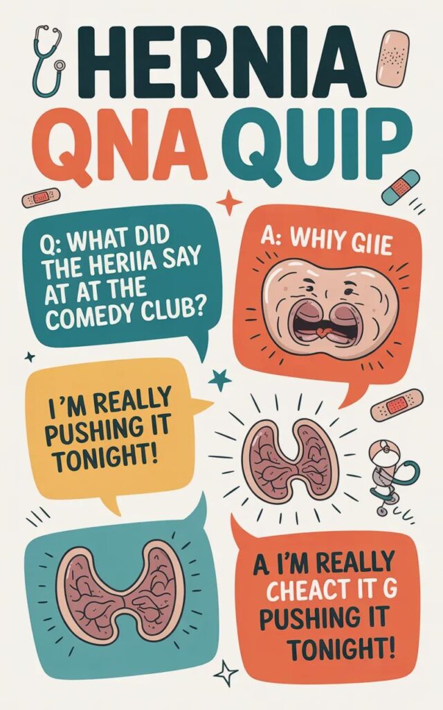 A humorous image featuring hernia Q&A quips with cartoon doctors and patients sharing funny question-and-answer puns about hernias in a light, friendly style.