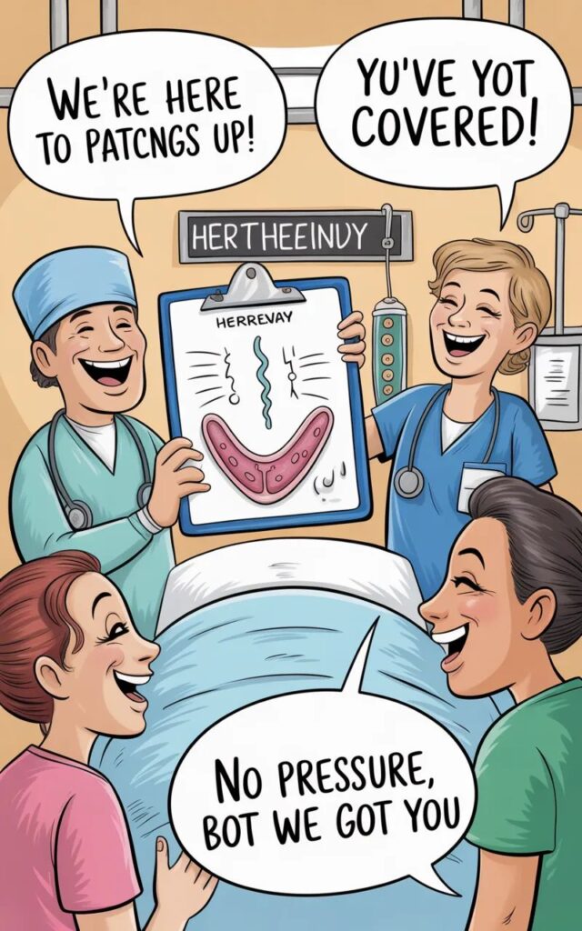 A lighthearted image featuring hernia surgery jokes with cartoon doctors, hospital scenes, and playful humor