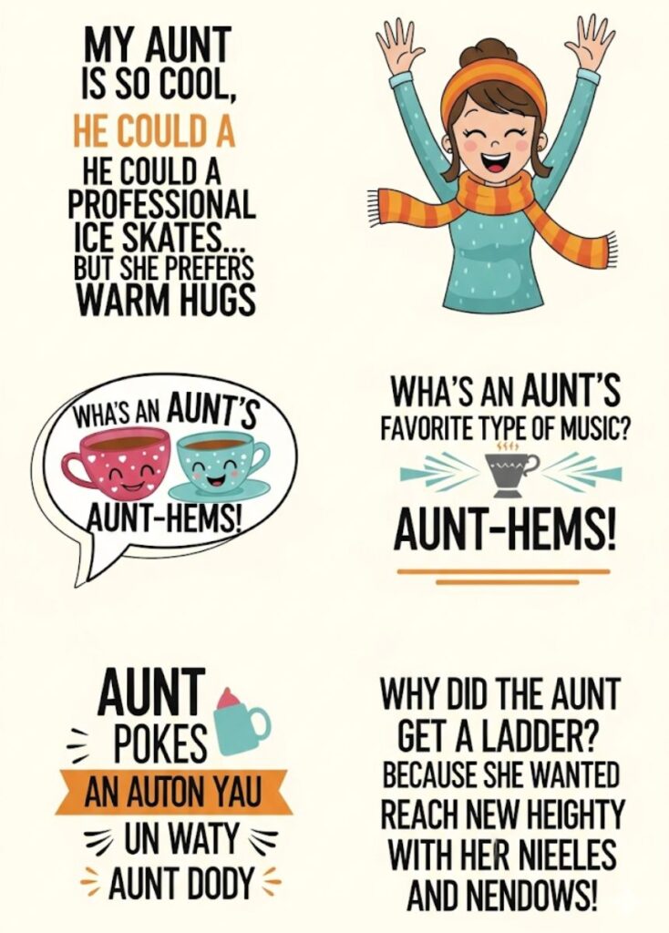 A collection of hilarious aunt-themed jokes and puns for captions, featuring witty humor, playful wordplay, and fun ideas for social media posts.