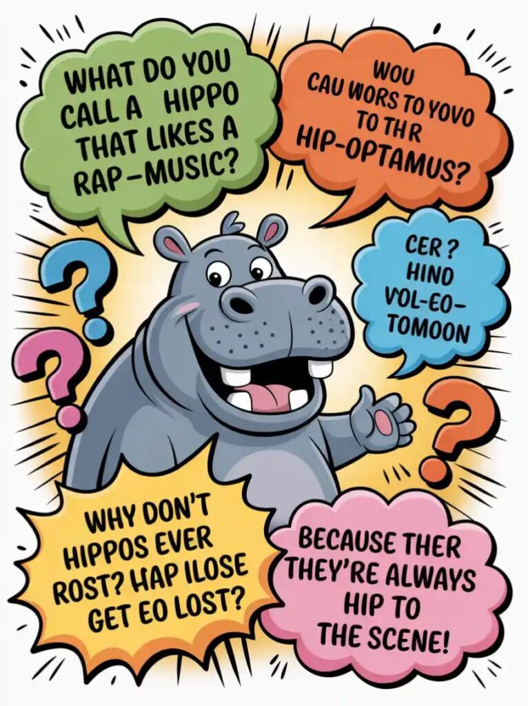 "Funny hippo Q&A jokes and puns with clever quips and one-liners about hippos, perfect for animal humor and sharing laughs online