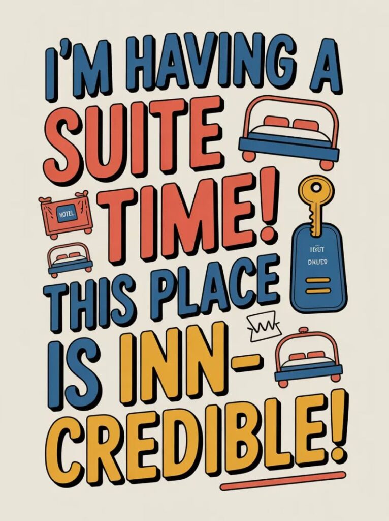 A fun image featuring hotel puns and one-liners with cartoon suitcases, room keys, and smiling bellhops sharing travel-themed jokes.