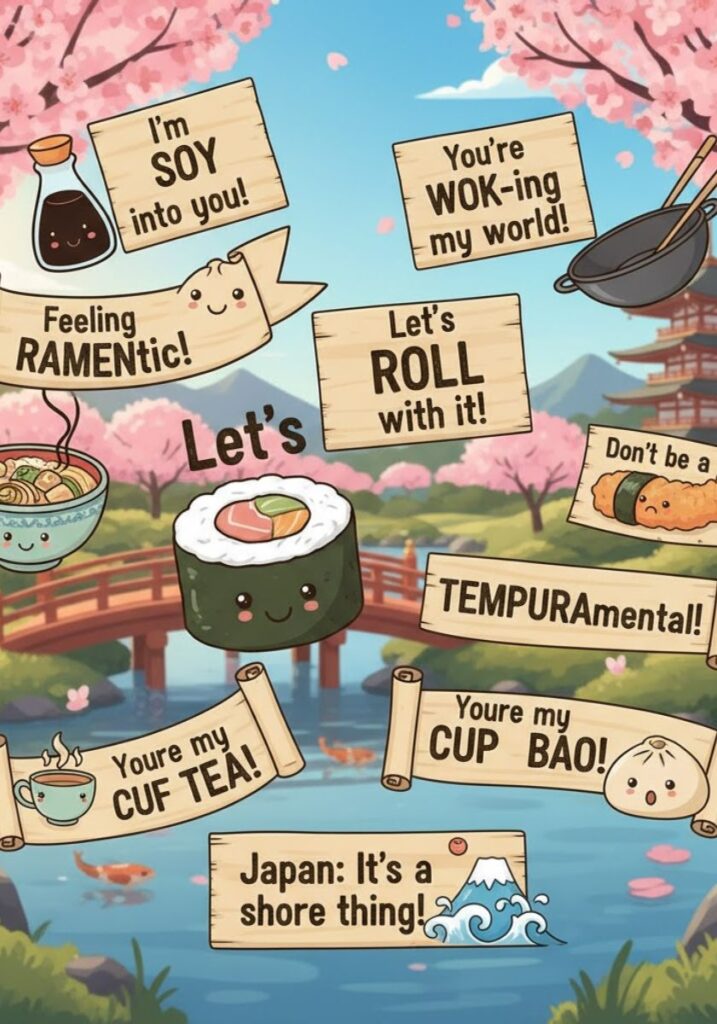 Clever Japan puns and captions, featuring funny wordplay and cultural humor perfect for social media posts and sharing laughs online."