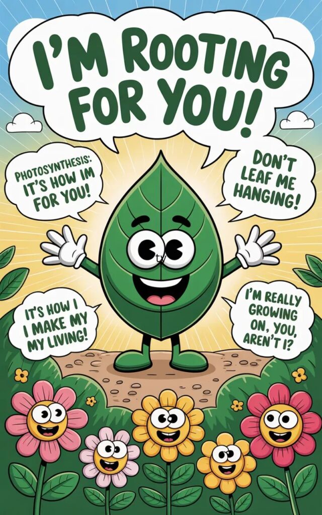 A playful image featuring jokes about photosynthesis and life with cartoon plants, sun, and leaves sharing lighthearted, educational humor about plants and growth.