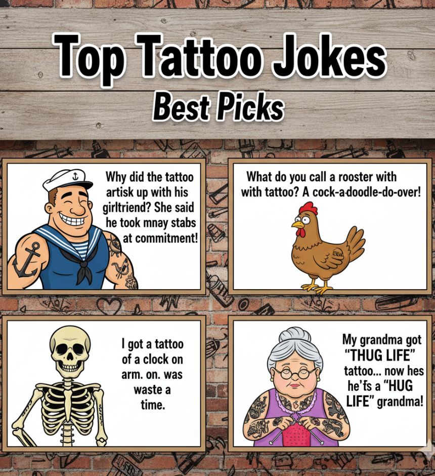 A collection of jokes about tattoos, featuring playful humor, clever wordplay, and lighthearted laughs perfect for tattoo lovers and readers.