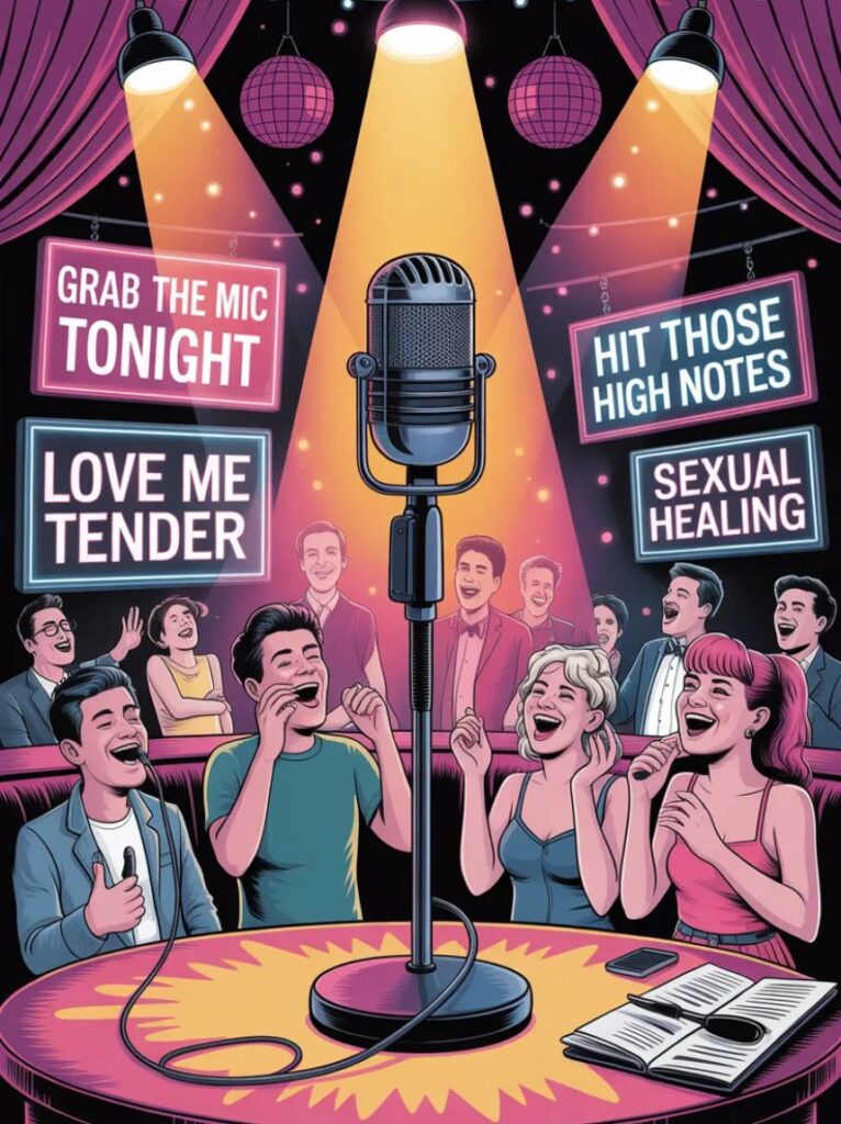 A cartoon singer with a mischievous grin and microphone, representing playful and humorous adult-themed karaoke pun