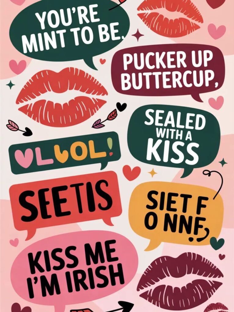 cute couple sharing a light kiss with playful text overlay, perfect for using as witty and fun kiss puns captions on social media.