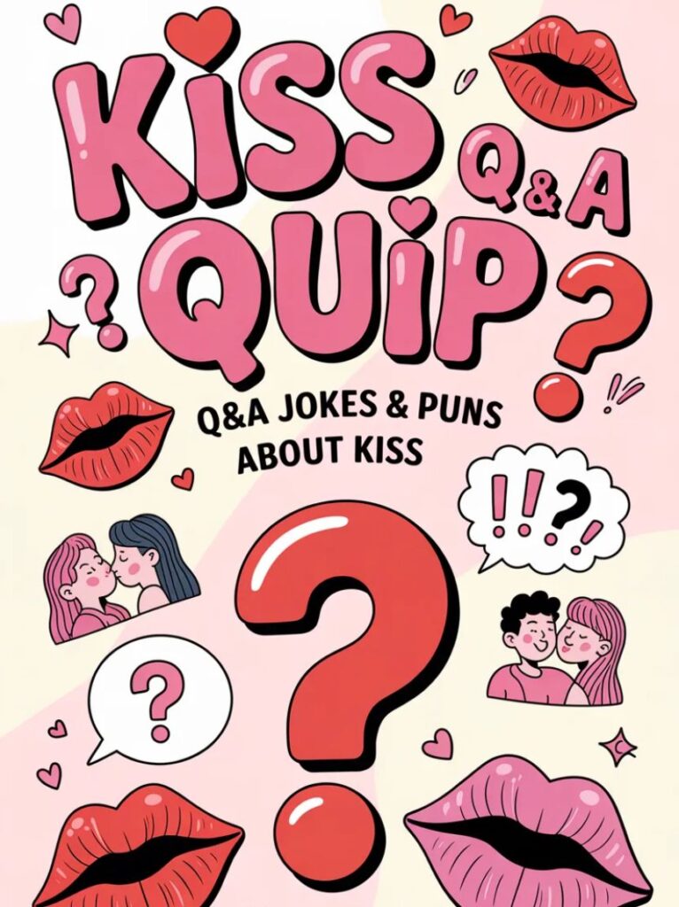 A cheerful couple answering funny questions about kissing, laughing together, representing Q&A jokes and playful puns about kisses.
