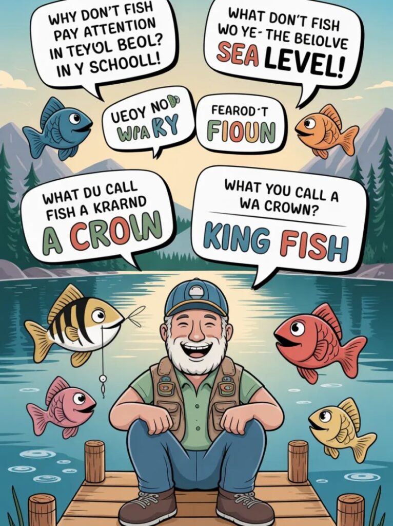 A smiling dad fishing by a cartoon lake, sharing clever and funny one-liner dad jokes about lakes.