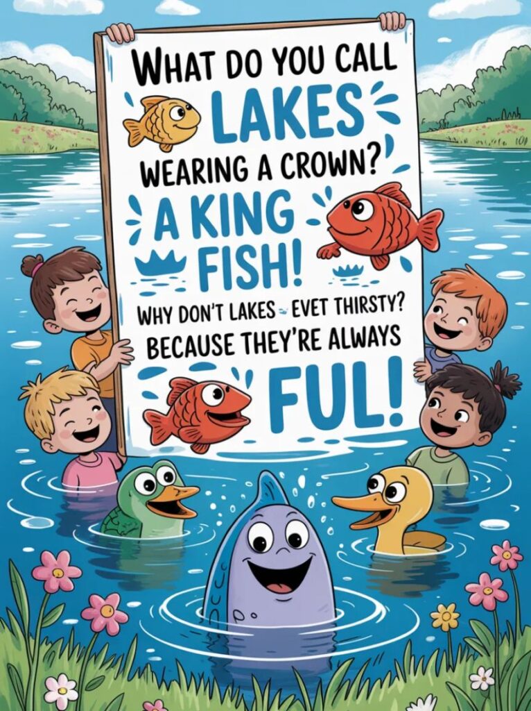 Children laughing and playing by a cartoon lake with smiling fish and ducks, representing fun a