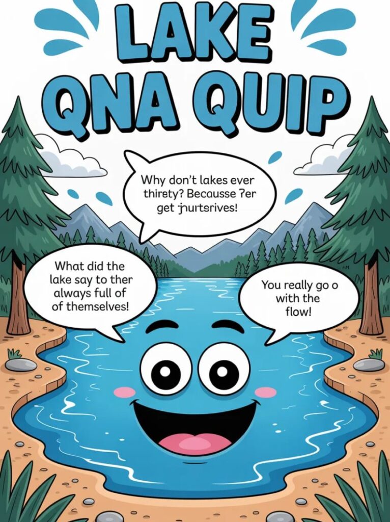 A cheerful cartoon lake with a person asking questions, representing Q&A jokes and playful puns
