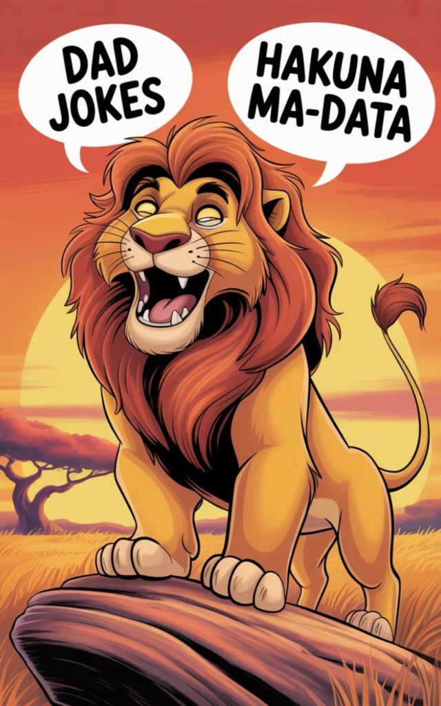  A humorous image featuring Lion King jokes about Mufasa with cartoon Simba, Mufasa, and Pride Rock sharing lighthearted, playful humor for fans and social media.