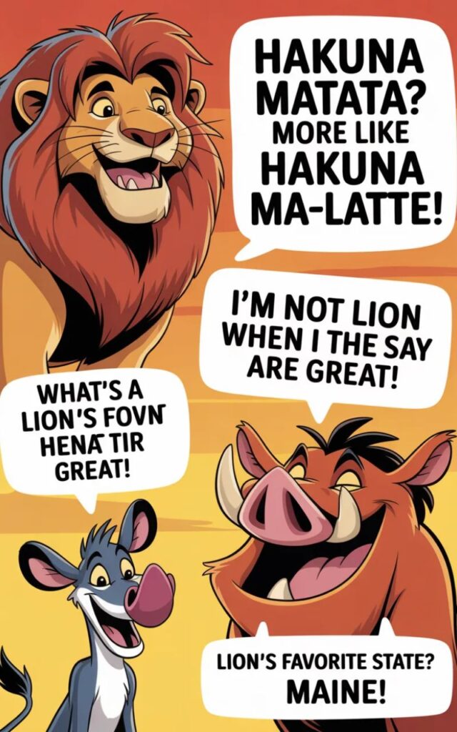 A trendy meme-style image featuring Lion King puns and jokes with cartoon Simba, Timon, and Pumbaa, perfect for Reddit and social media humor sharing.