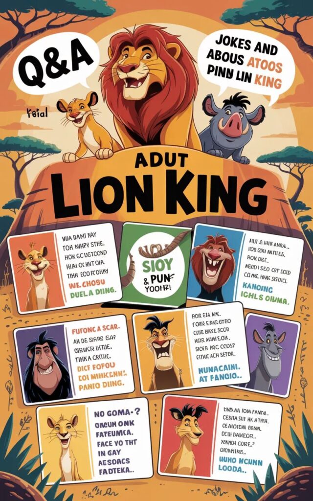  A playful image featuring Lion King Q&A quips with cartoon Simba, Timon, and Pumbaa sharing funny questions, answers, and puns in a lighthearted, fan-friendly style.