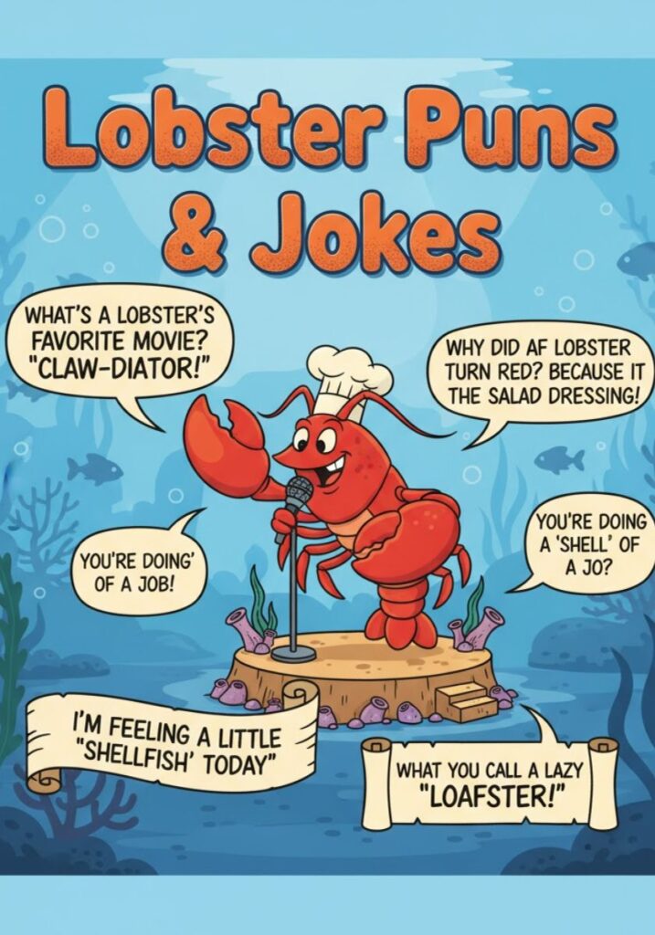 "Funny lobster puns and jokes collection with clever one-liners and seafood humor perfect for sharing laughs online or with friends."
