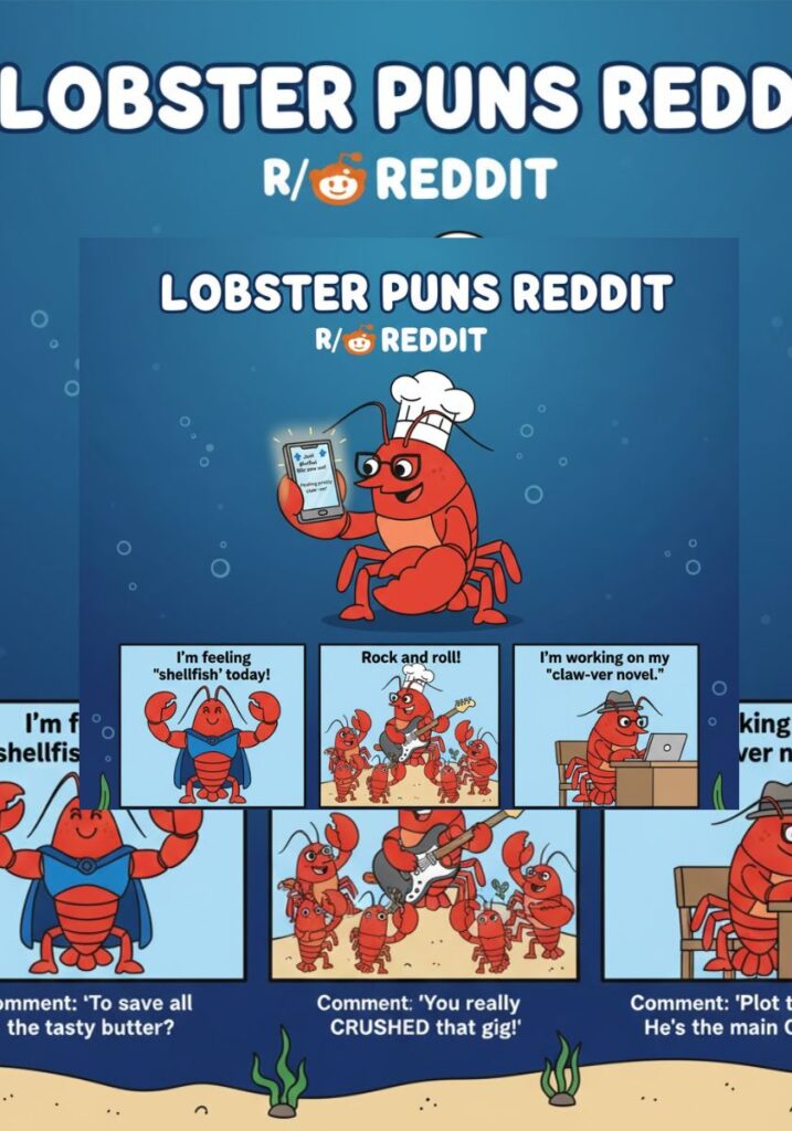 "Clever lobster puns and jokes shared on Reddit, featuring witty seafood humor and funny one-liners perfect for online communities."
