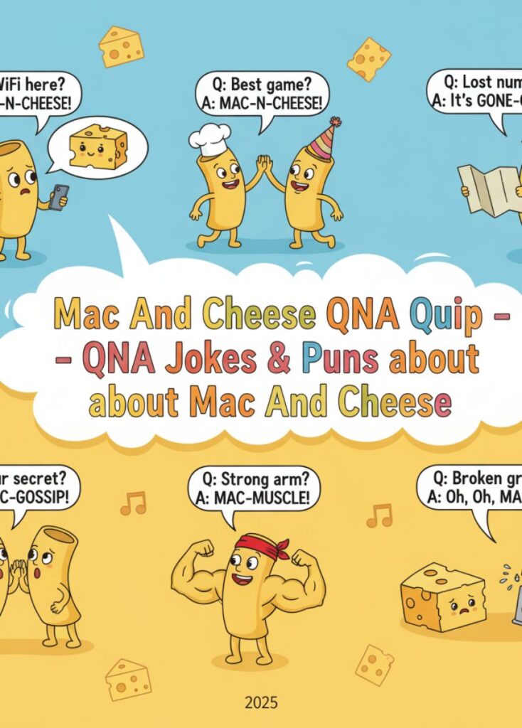 A collection of mac-and-cheese-themed Q&A jokes and puns, featuring playful humor, clever wordplay, and lighthearted laughs perfect for readers and food lovers.
