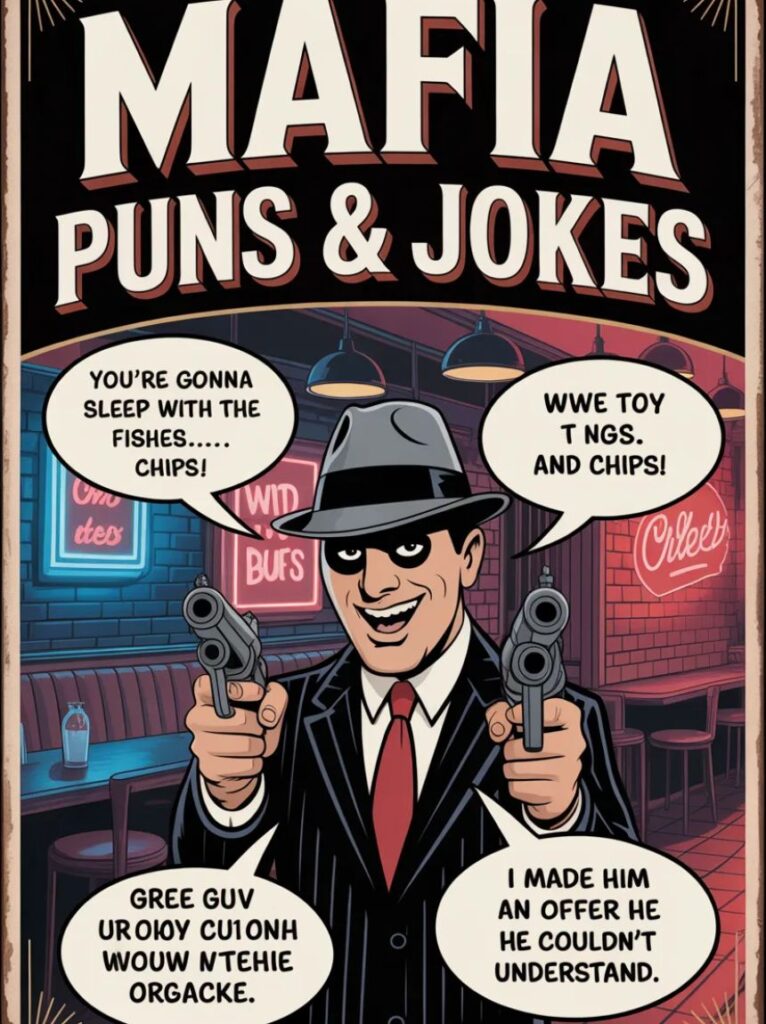 A cartoon mobster in a suit and hat laughing with friends, representing funny Mafia puns and jokes filled with clever crime-themed humo