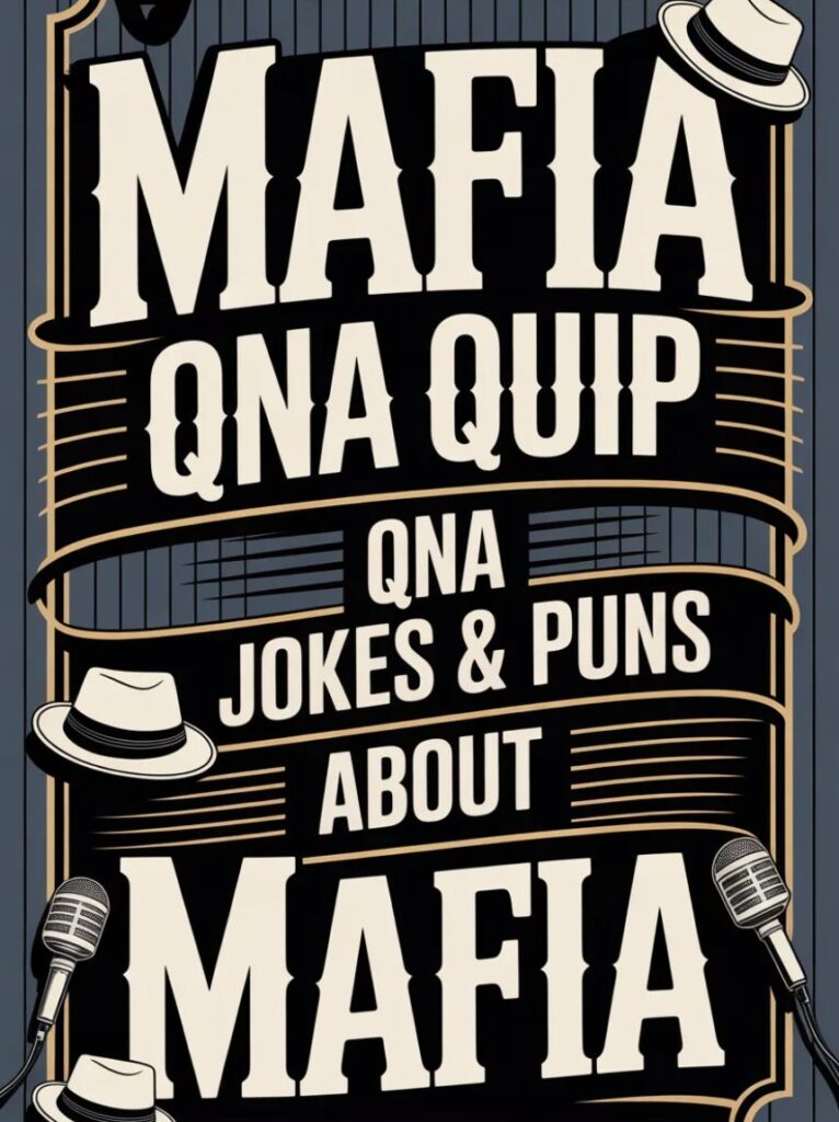 A smiling cartoon mobster answering funny questions with friends, representing Q&A jokes and playful puns about the Mafia.