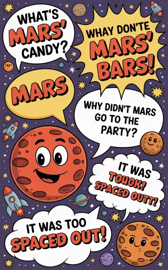 A colorful, cheerful image featuring Mars jokes and puns for kids with cartoon planets, rockets, and aliens sharing playful, child-friendly space humor.