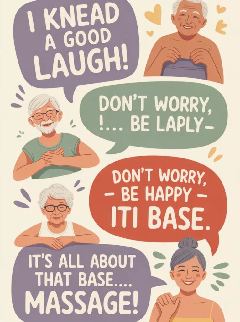 A gentle, lighthearted image showing massage jokes and puns for elders with relaxed seniors, calm spa vibes, and warm humor promoting laughter and comfort.