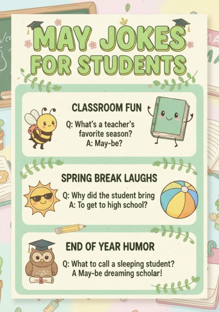 Funny May jokes for students with school humor, exam stress laughs, and witty classroom puns to lighten the study mood."