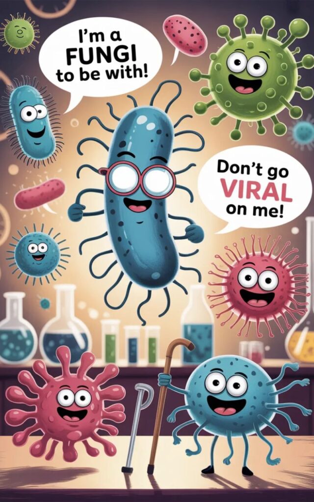 A cheerful image featuring microbiology jokes and puns for elders with friendly cartoon microbes and senior scientists sharing gentle, lighthearted science humor.