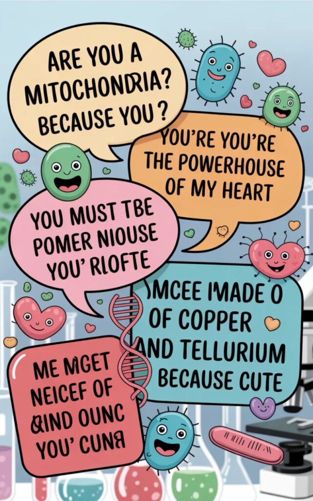 A fun, flirty image featuring microbiology jokes and pick-up lines with cartoon bacteria and lab gear sharing clever