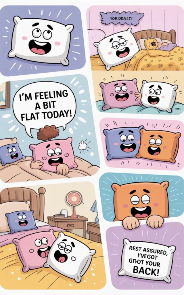 A fun image featuring “my pillow” jokes with cartoon pillows, smiling characters, and lighthearted, cozy humor perfect for bedtime laughs and social media sharing.