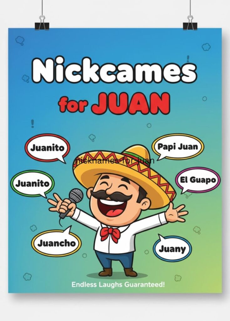 "Illustration showing creative and funny nicknames for Juan, with playful text and cheerful design elements.