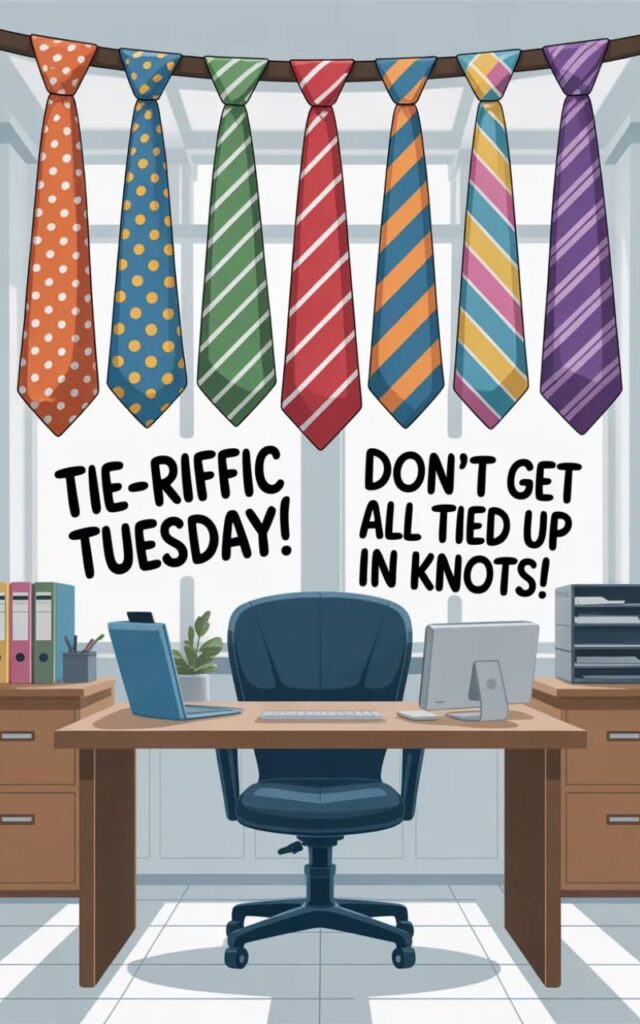 A humorous image showcasing office laughs with tie puns for the workplace, featuring cartoon ties, desks, and employees