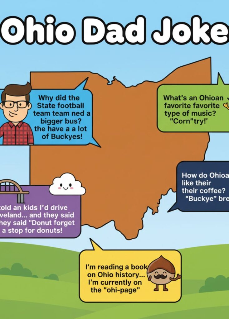 A collection of Ohio-themed dad jokes, featuring playful humor, clever wordplay, and lighthearted laughs perfect for family-friendly fun."