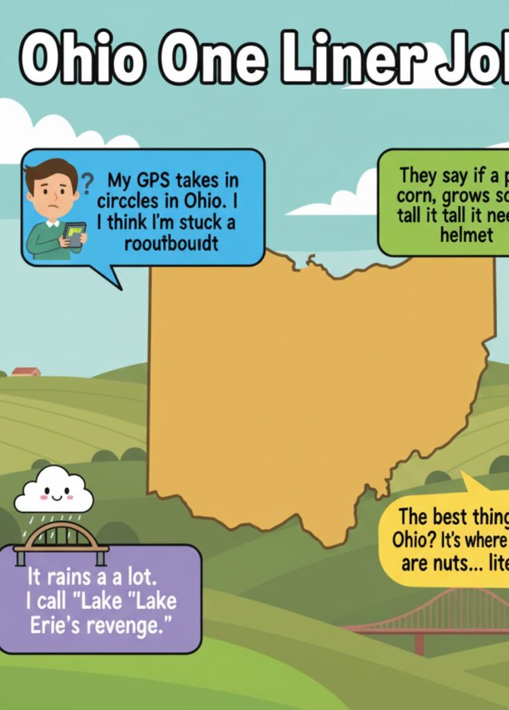 A collection of Ohio-themed one-liner jokes, featuring short, playful humor, clever wordplay, and lighthearted laughs perfect for quick entertainment.
