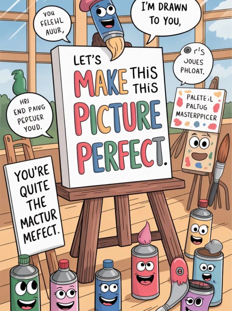 A cheerful cartoon painter laughing while holding a brush, representing clever and funny painting jokes