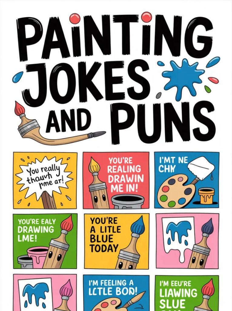 A cheerful cartoon painter laughing while holding a brush, representing clever and funny painting jokes