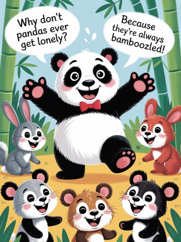 A smiling cartoon panda entertaining children with playful jokes and puns, creating a fun