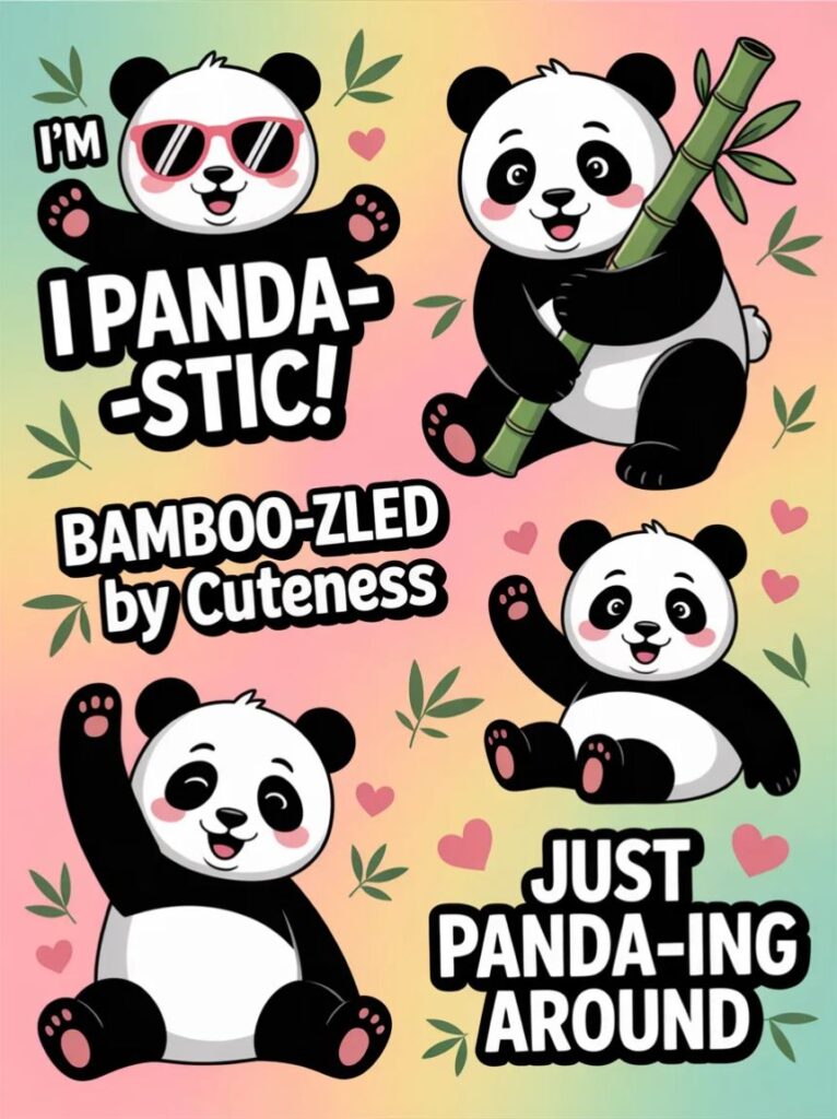 A playful panda posing with bamboo, smiling for the camera, perfect for sharing fun and cute panda puns on Instagram.