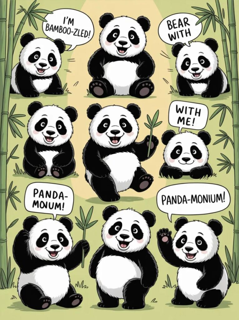 A cute panda with a big grin holding bamboo, representing clever and funny panda puns and one-liners.