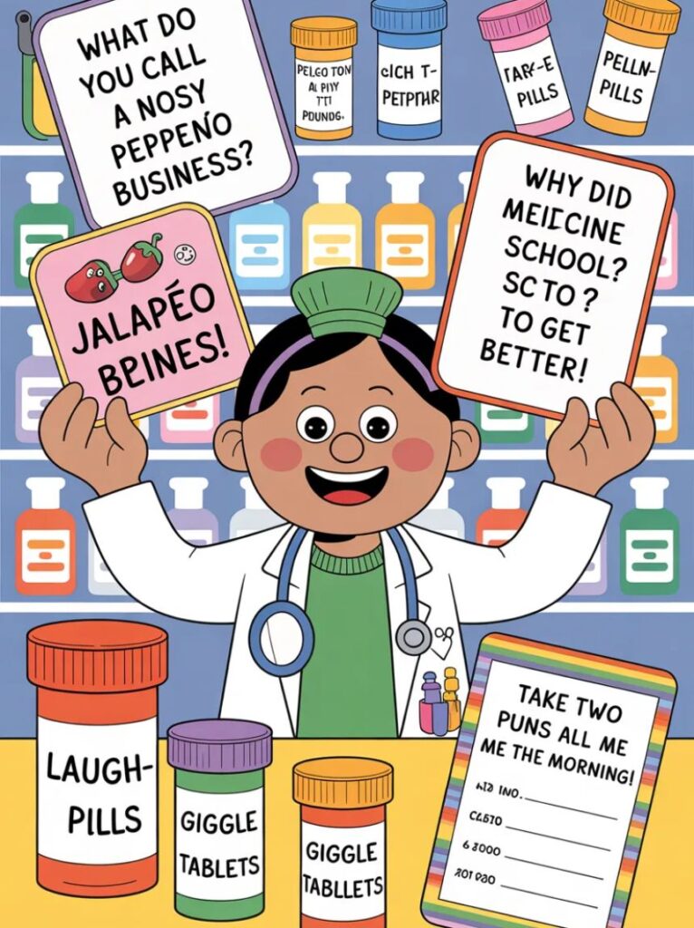 A bright, colorful cartoon image of happy pill bottles and medicine boxes telling funny pharmacy jokes and puns for kids