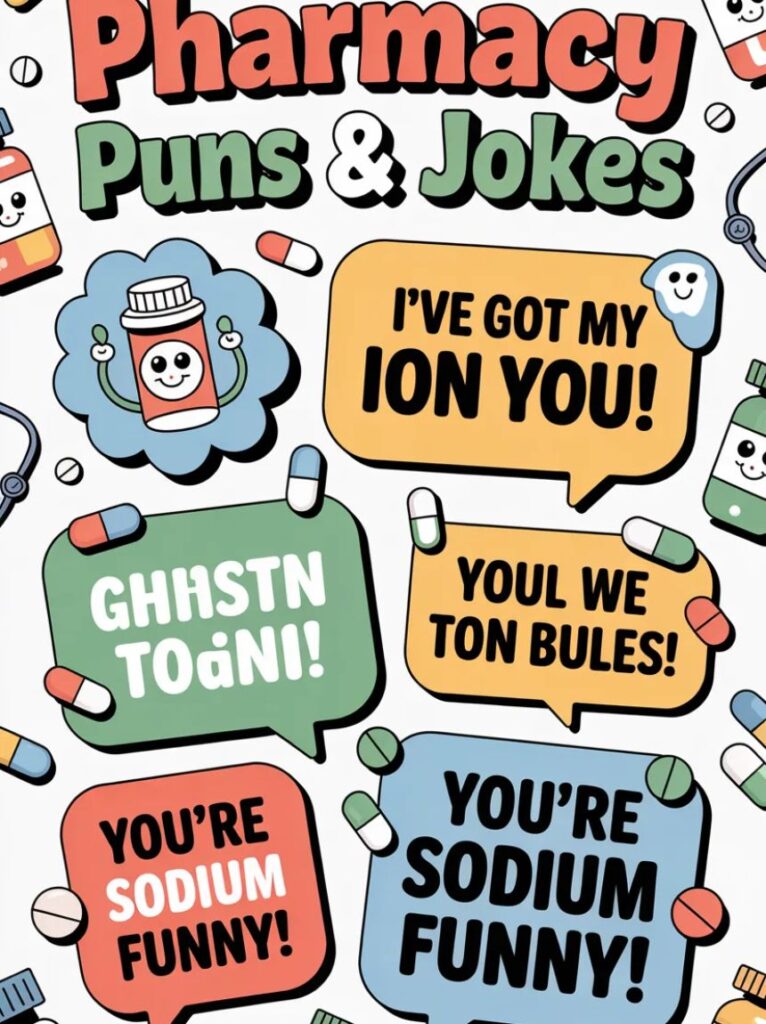 A trendy meme-style image with clever pharmacy puns and jokes featuring pills and prescriptions, perfect for Reddit
