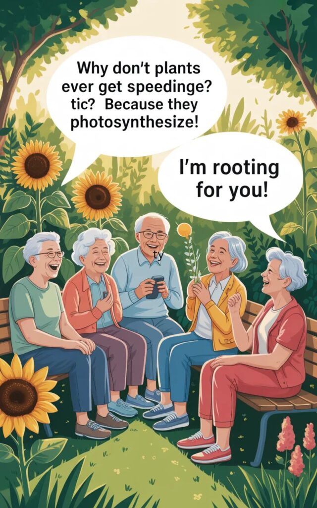 A gentle, funny image featuring photosynthesis jokes and puns for elders with cartoon plants, sun, and smiling leaves sharing lighthearted, age-friendly humor.