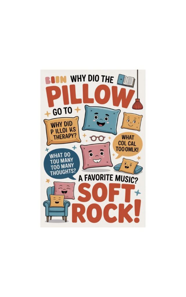 A gentle, humorous image featuring pillow jokes and puns for elders with cozy cartoon pillows delivering lighthearted, age-friendly bedtime humor.