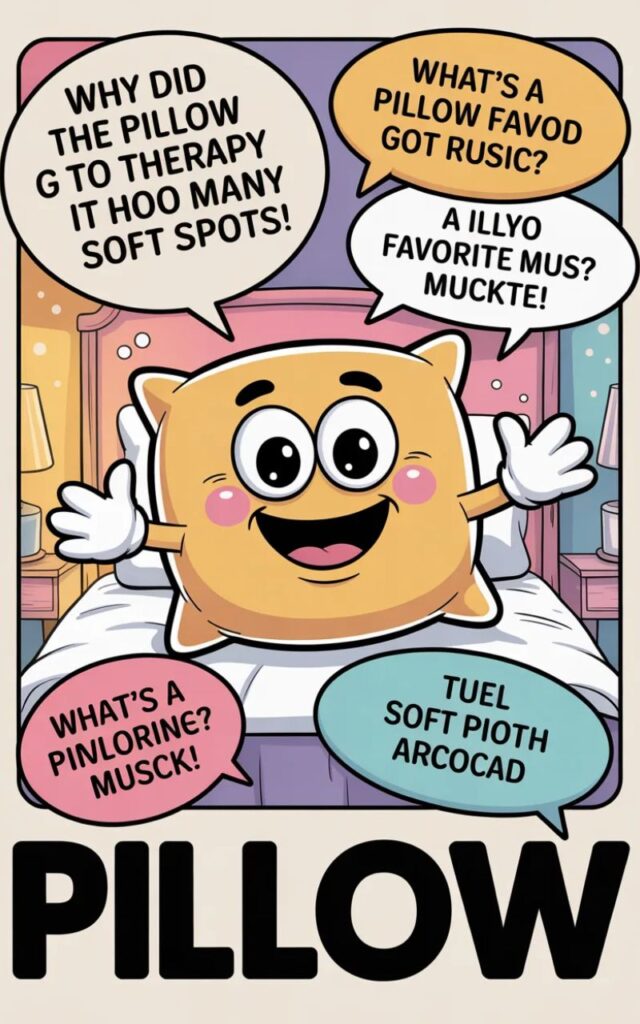 A playful image featuring pillow Q&A quips with cartoon pillows sharing funny question-and-answer puns and lighthearted bedtime humor perfect for social media.